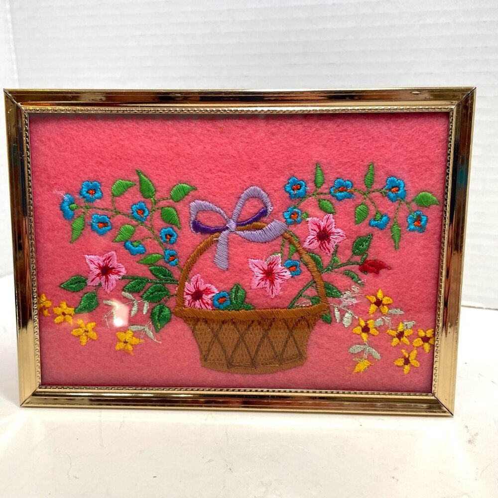 Framed Hand-Embroidered Basket With Flowers On Pink Felt Background